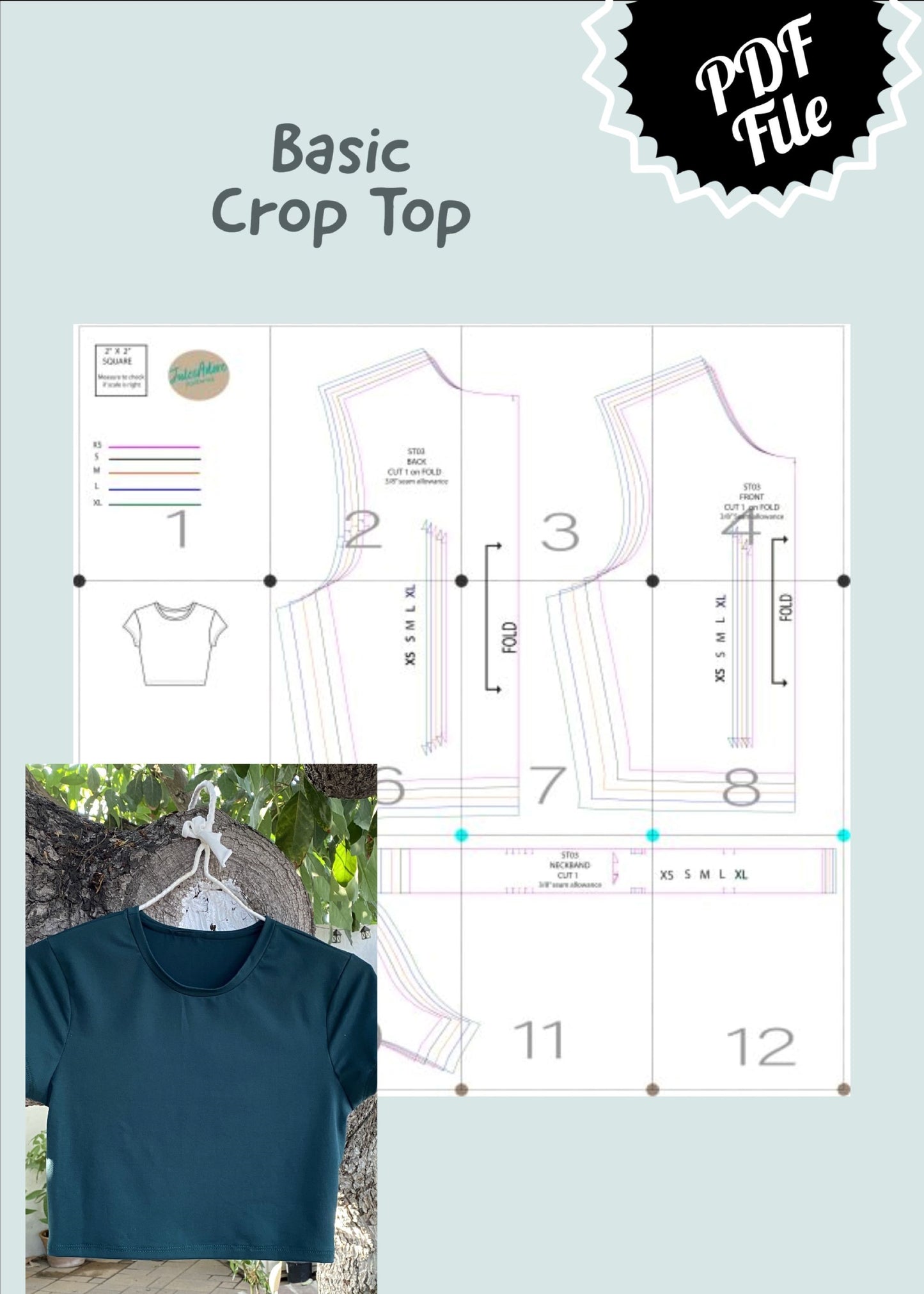 Crop Top Sewing Pattern- PDF- women's sizes XS to XL