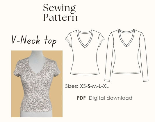 V neck T shirt - pdf sewing Pattern -Long and short sleeves - women's sizes XS to XL