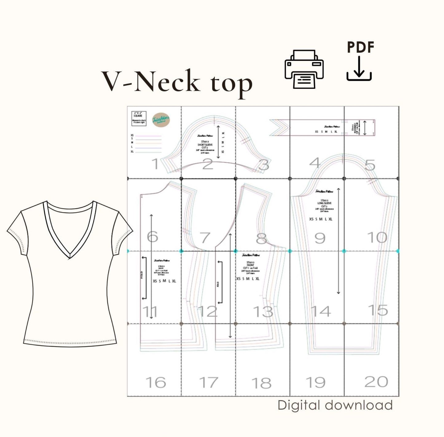 V neck T shirt - pdf sewing Pattern -Long and short sleeves - women's sizes XS to XL