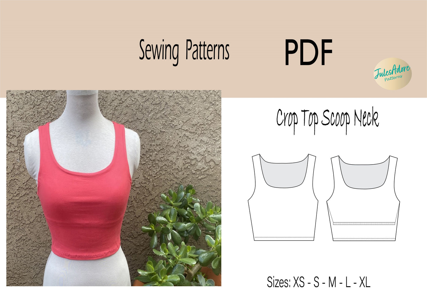 Tank Top Scoop Neck Sewing Pattern-  Women's sizes XS to XL